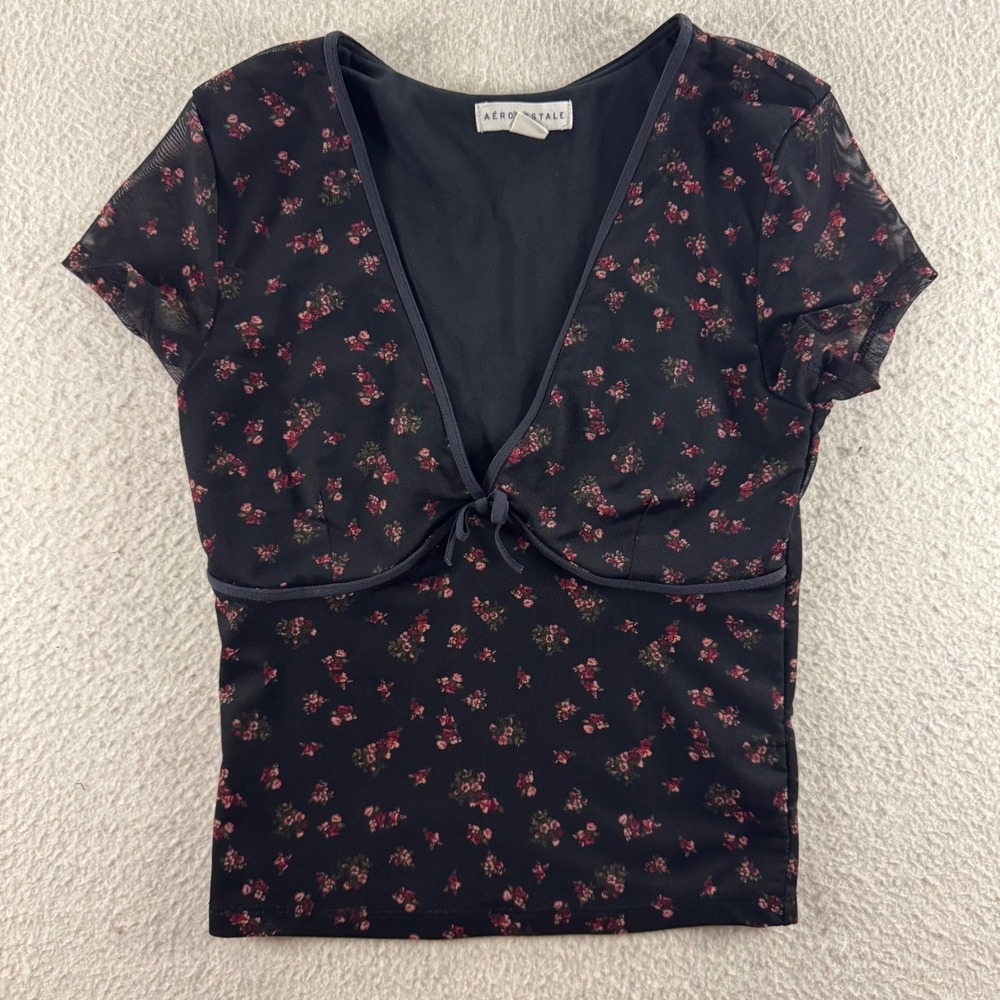 Aeropostale Floral Mesh Sleeve Top Womens Small Black Excellent Tie Front V-Neck